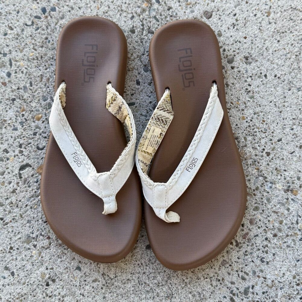 Flojos Ivory Tan Multi Womens Size 6 Braided Trim Flip Flop MEMEX Footbed